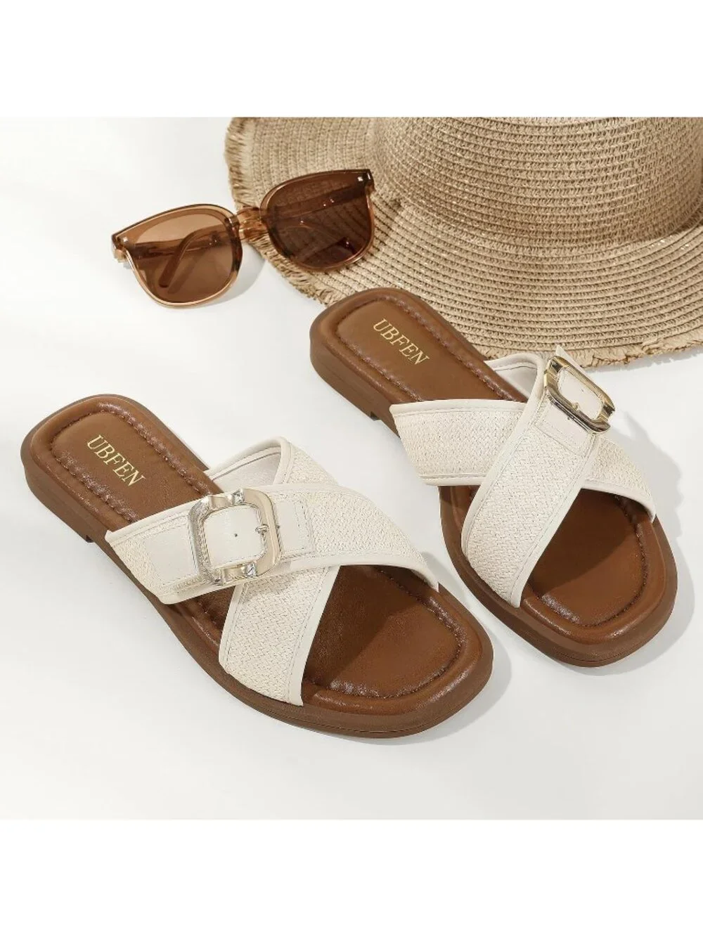 Women's White Square Toe Flat Sandals Slides Dressy Comfortable for Casual